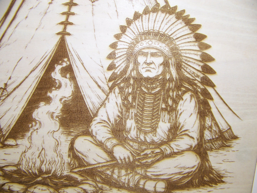 Native American Indian Chief Sitting by Tipi Laser Engraving