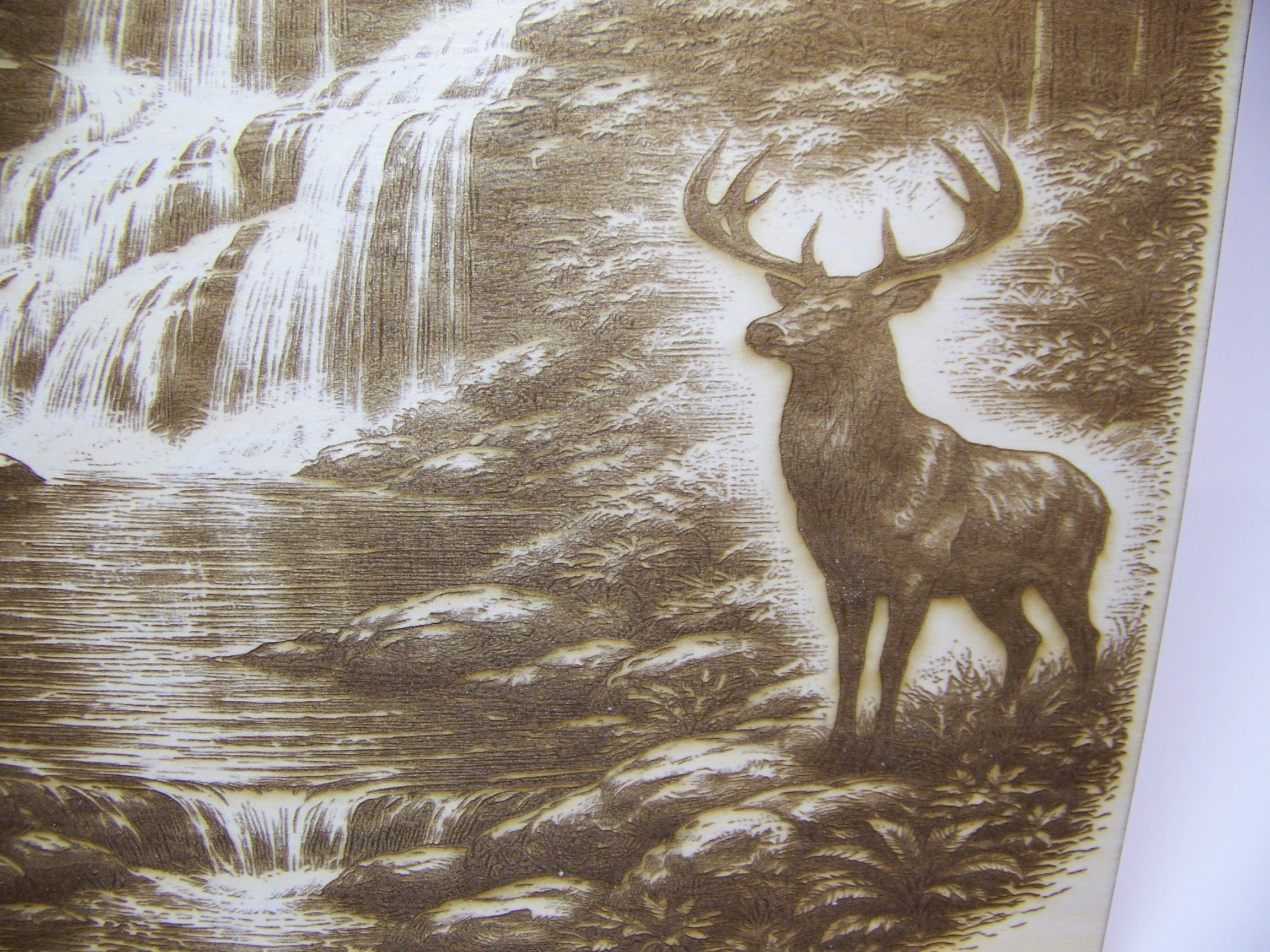 Buck at Edge of Waterfall in Mountains Laser Engravings