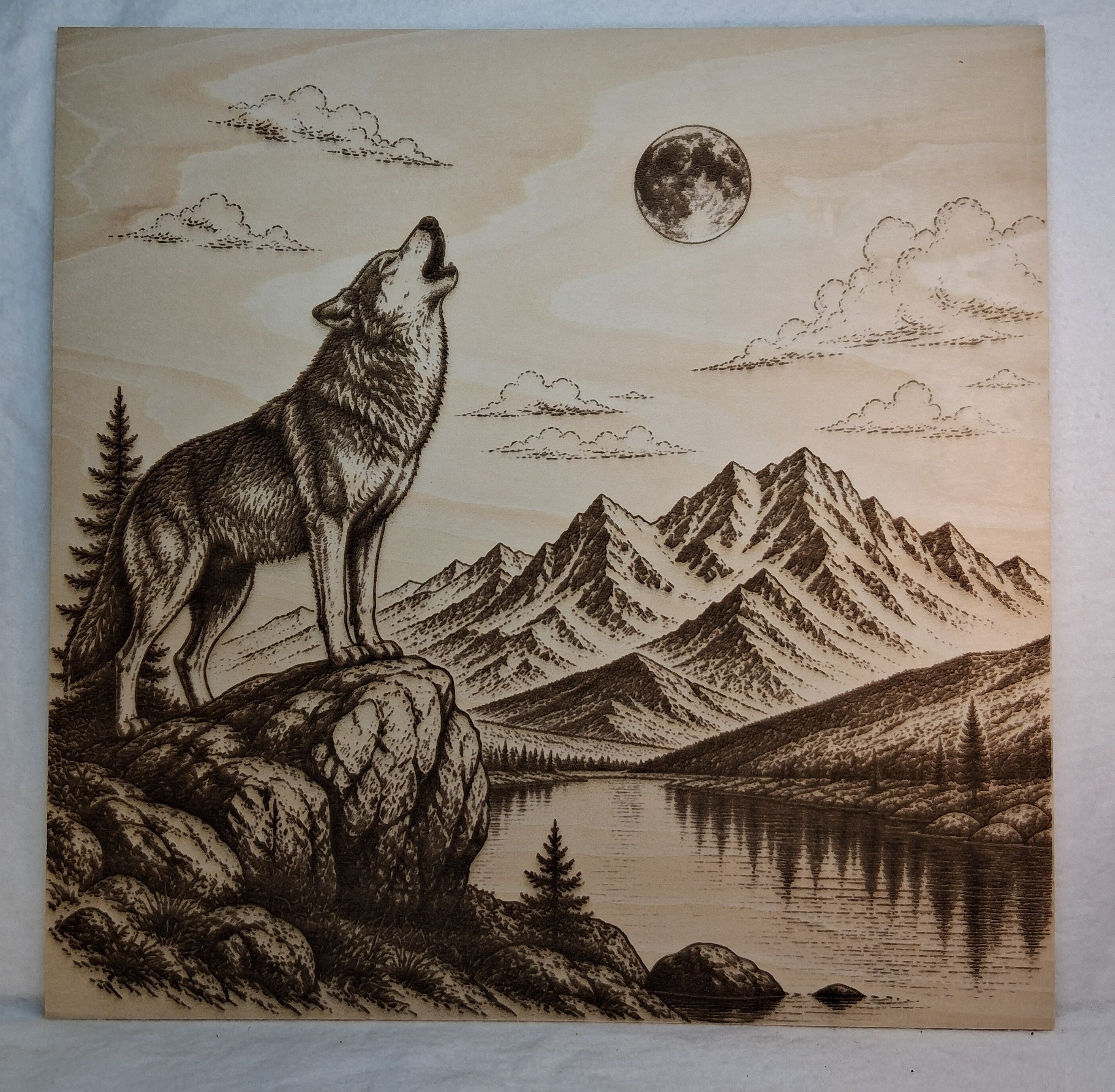 Wolf Howling at the Moon in the Mountains Laser Engraving