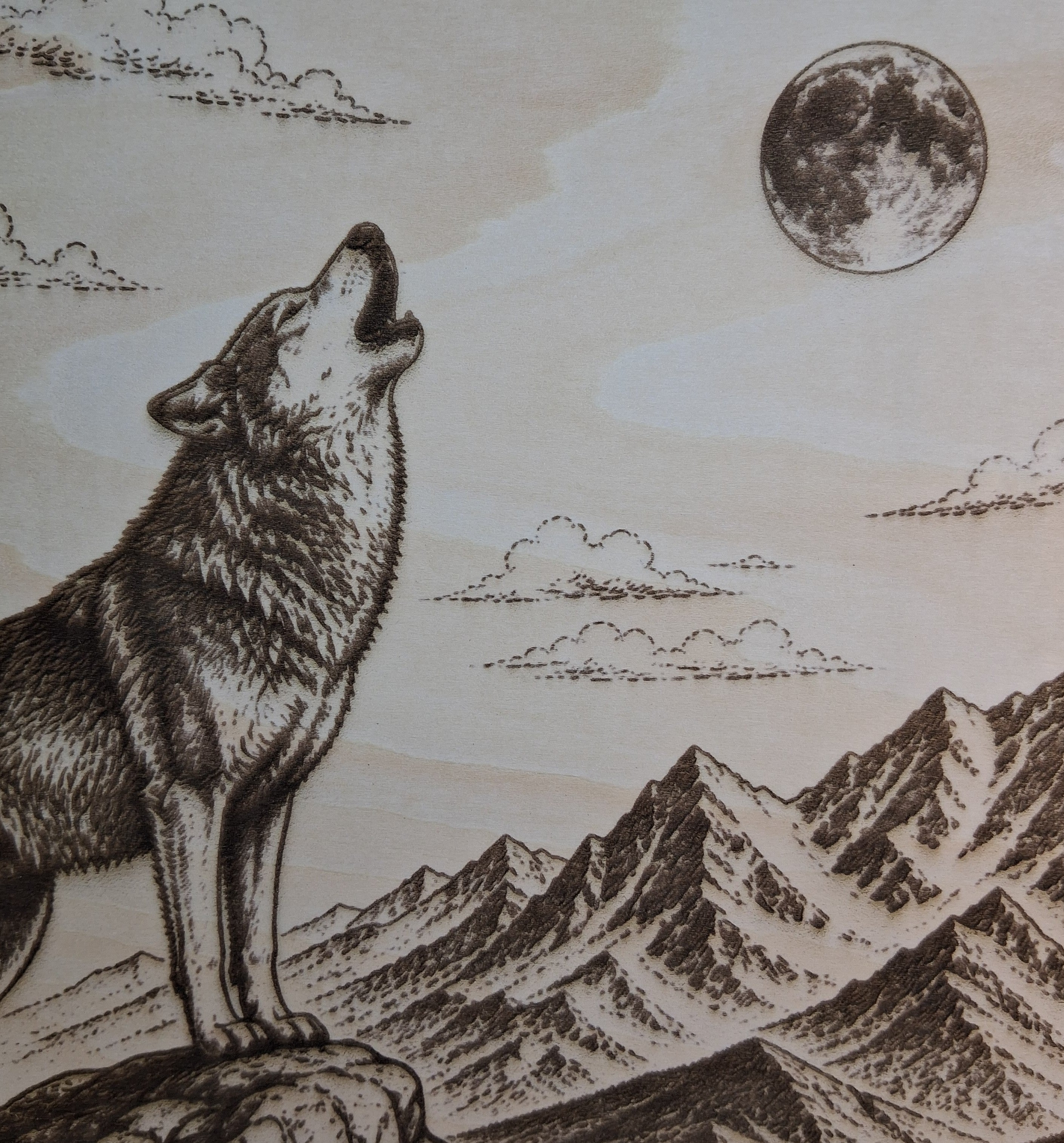Wolf Howling at the Moon in the Mountains Laser Engraving