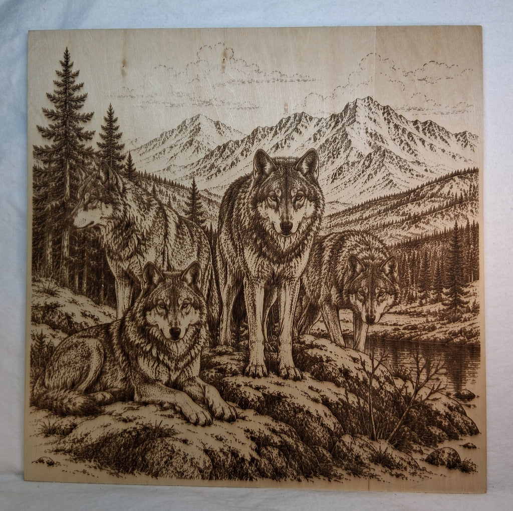 Pack of Wolves In Mountains Laser Engraving