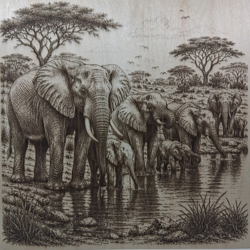 Elephants at the Water Hole Laser Engraving