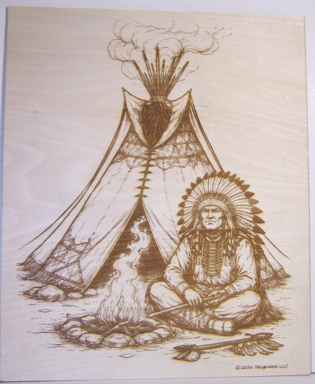 Native American Indian Chief Sitting by Tipi Laser Engraving