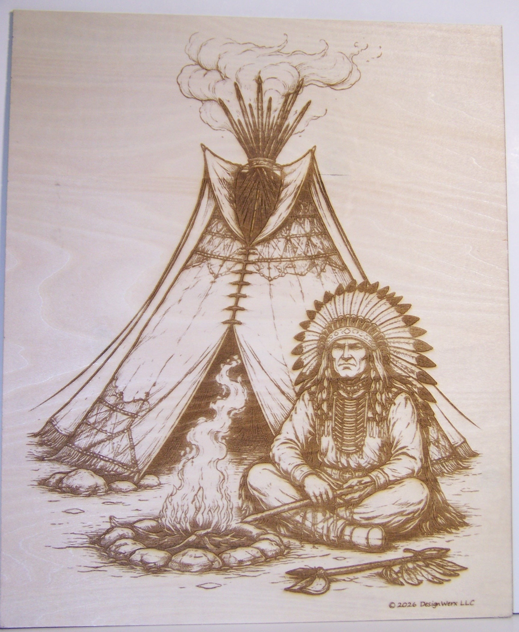 Native American Indian Chief Sitting by Tipi Laser Engraving
