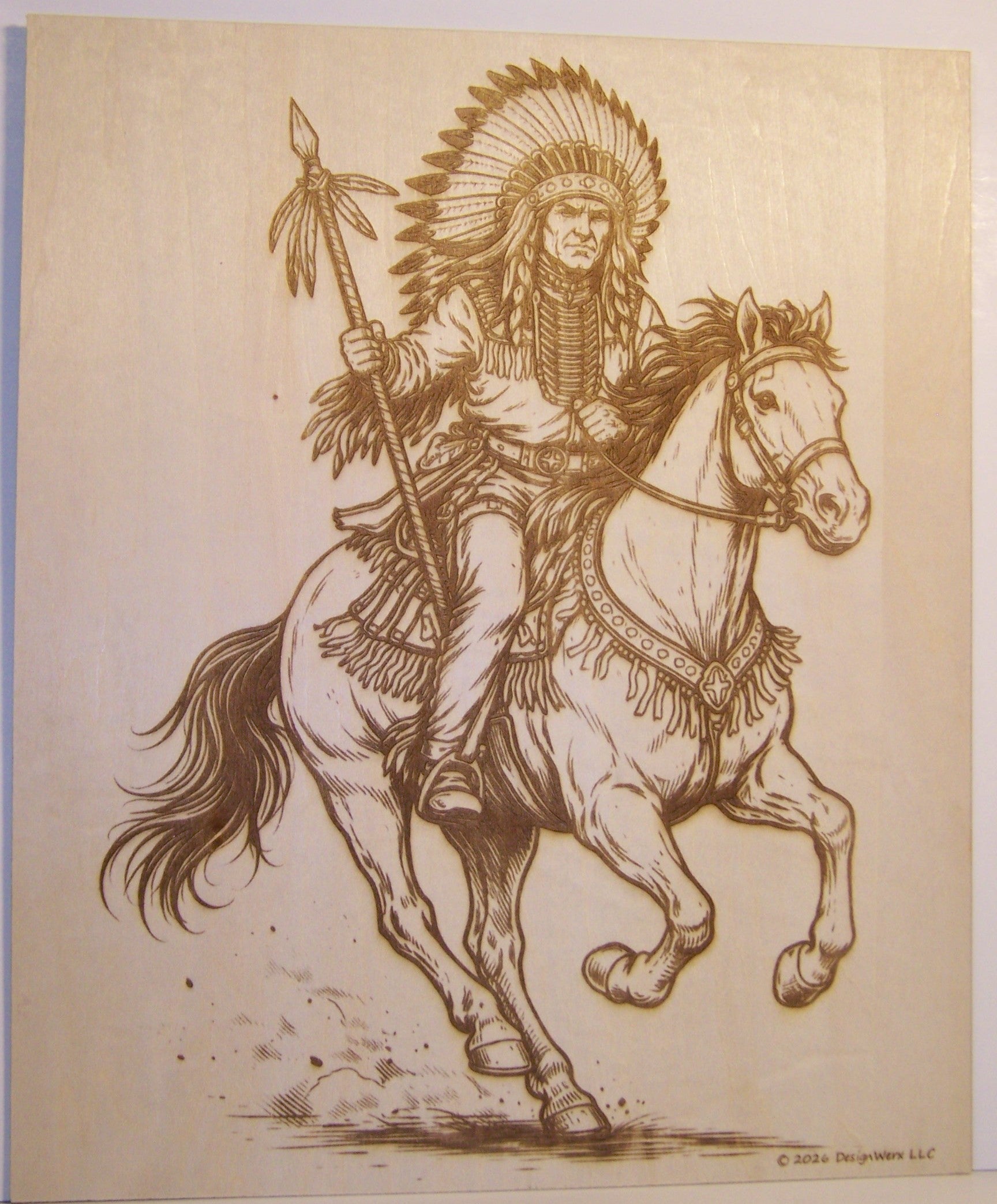 Native American Indian Chief Riding on Horseback Laser Engraving