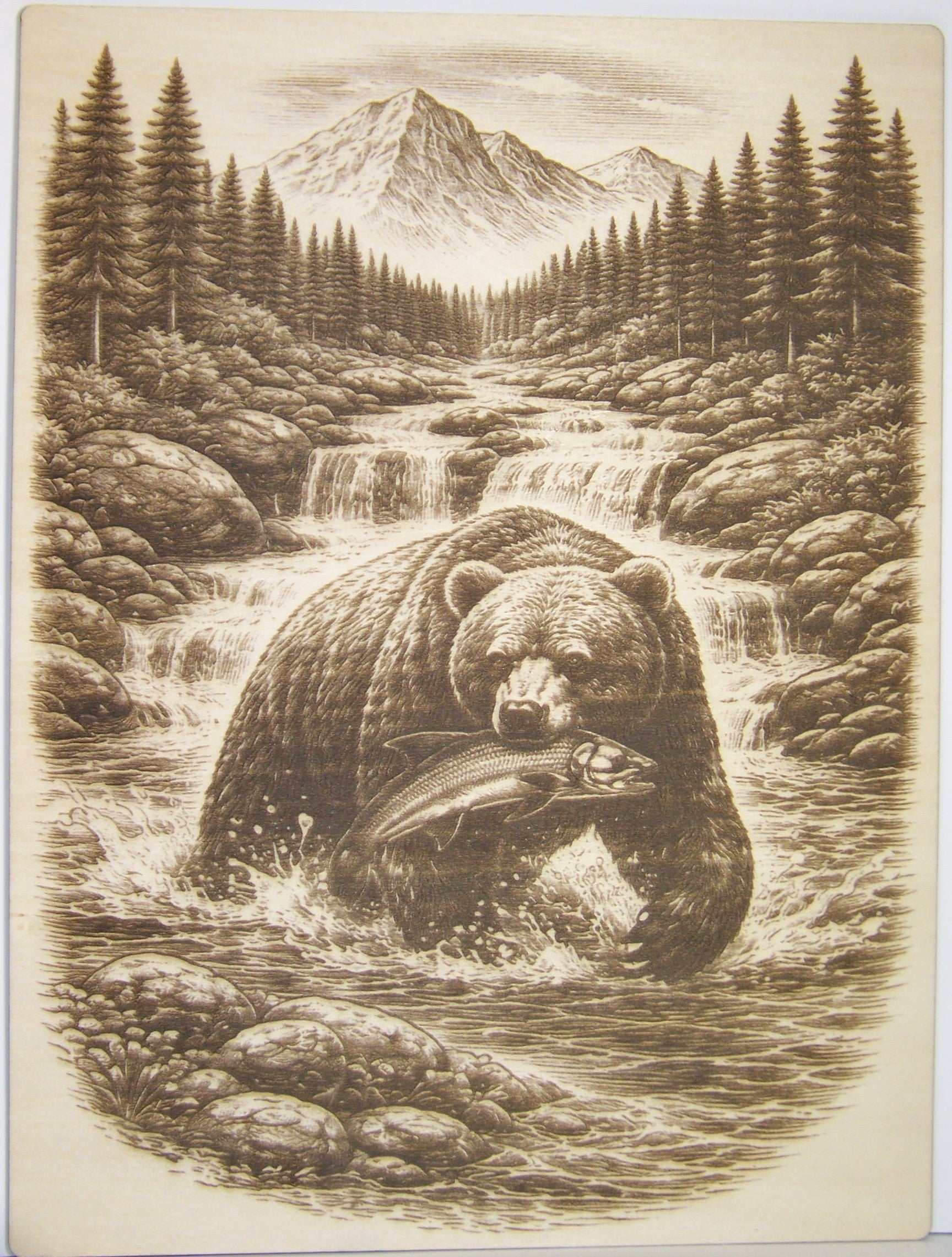 Bear Catching Salmon in River Laser Engraving