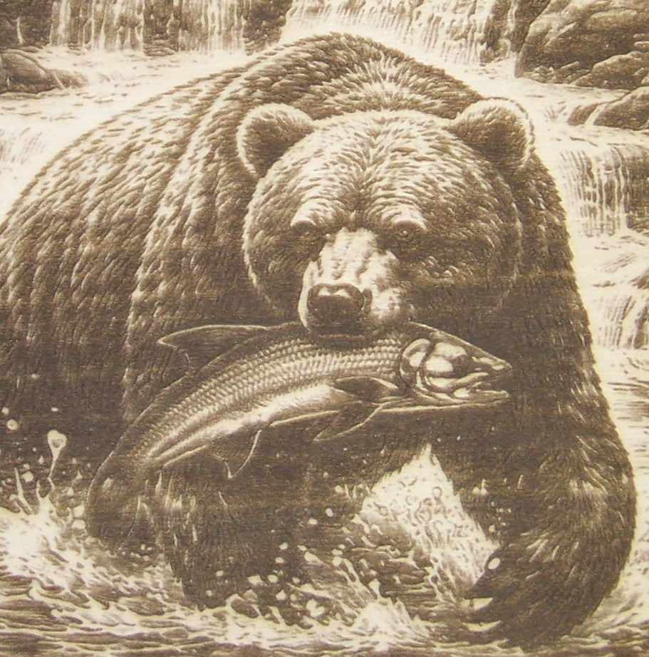 Bear Catching Salmon in River Laser Engraving