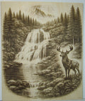 Buck at Edge of Waterfall in Mountains Laser Engravings