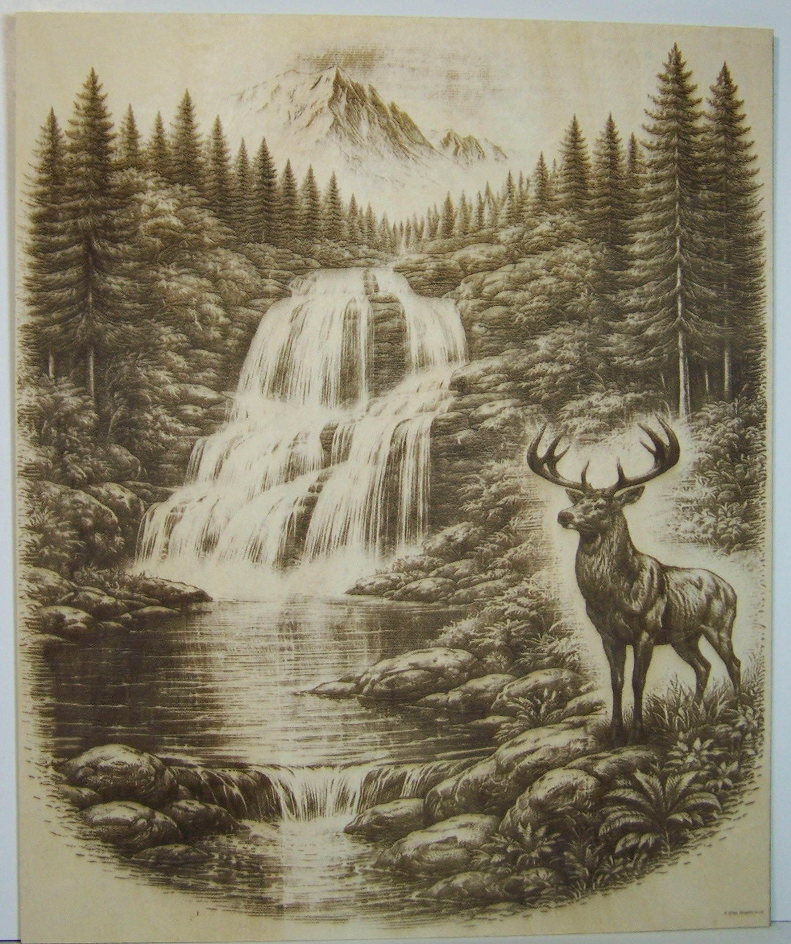 Buck at Edge of Waterfall in Mountains Laser Engravings