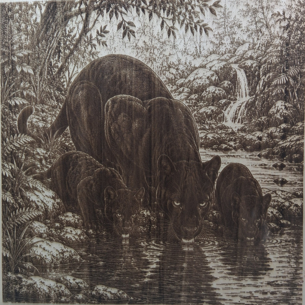 Panther and Cubs Drinking at the Stream Laser Engraving